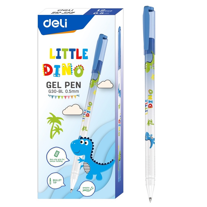 Bút gel nước Deli EG30 ngòi 0.5mm họa tiết khủng long / Bút G30 nhanh khô viết đều êm trơn có ruột G34 thay thế