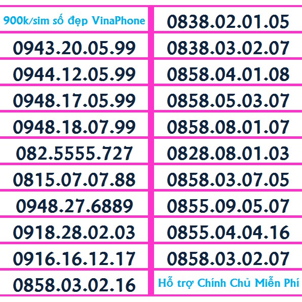 Sim Đẹp VINA ĐỒNG GIÁ 900k Năm Sinh, Phong thủy, số lặp...HỖ TRỢ ĐĂNG KÝ CHÍNH CHỦ MIỄN PHÍ NHIỀU GÓI KM CỦA MẠNG VINA