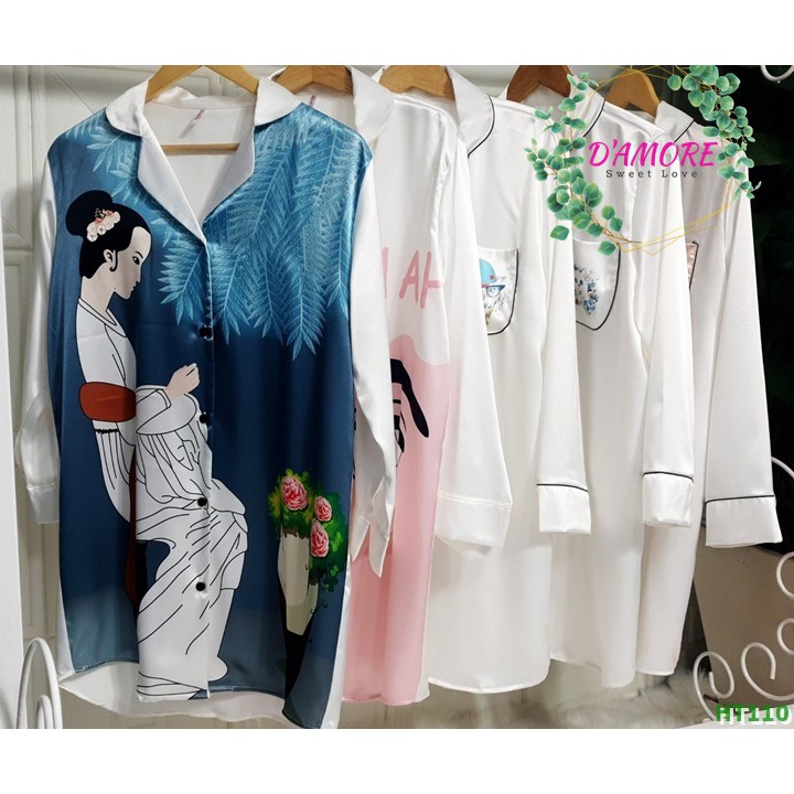 Đầm ngủ pijama kiểu dáng sơ mi hàng thiết kế chất vải lụa cao cấp - váy ngủ sơ mi lụa dài tay Hàn Quốc màu trắng