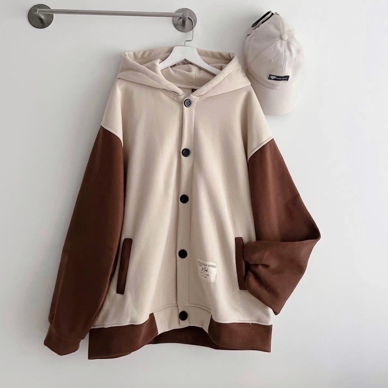 [sẵn] Áo Khoác Form Rộng Nút Gài 3 Màu Phối Tay Nâu BASIC PQK