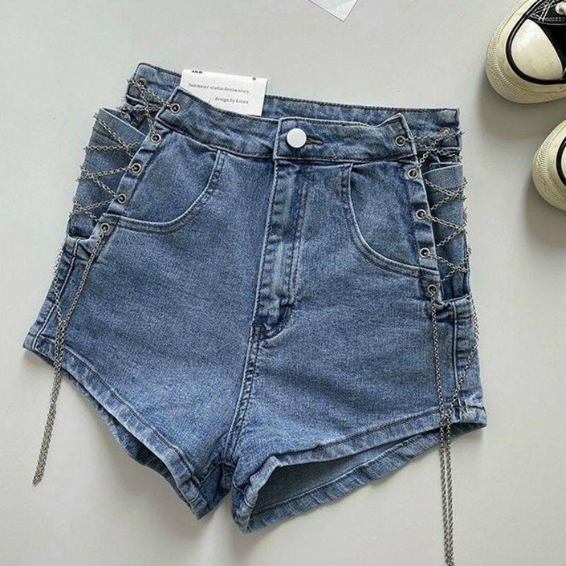 Quần short jean đan dây xích UK
