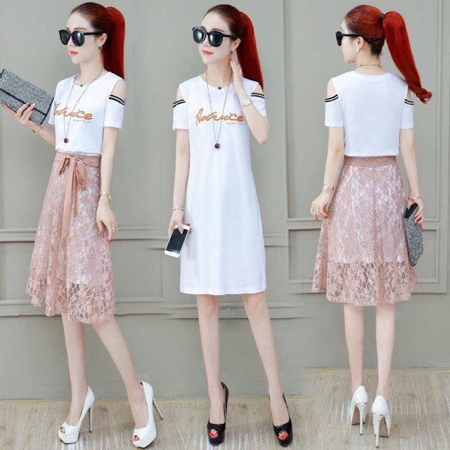 Đầm xuông kết hợp chân váy ren