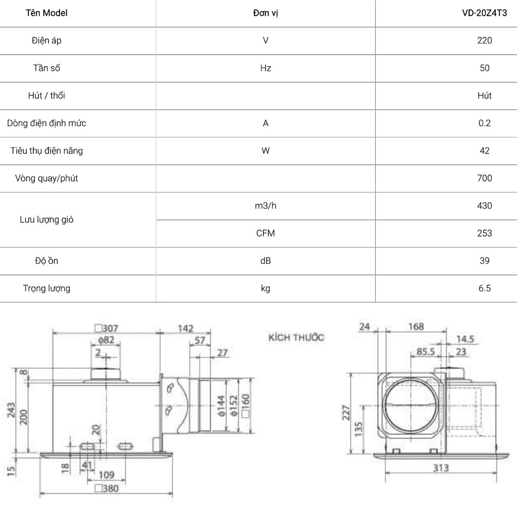 Quạt hút âm trần nối ống gió Mitsubishi VD-20Z4T3 42W Made in ThaiLand