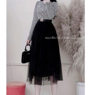 chân váy midi xếp ly dài công chúa vải voan màu đen basic