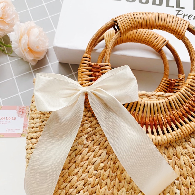 Túi cói lục bình bán nguyệt quai mây size 28cm - Tiệm Cói Cô Lê