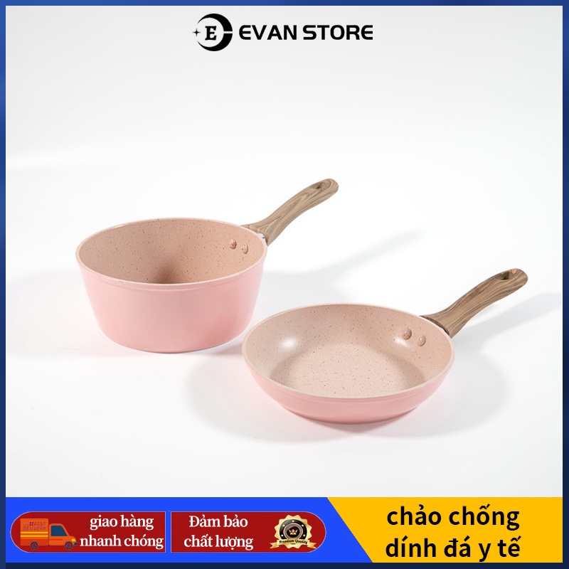 Bộ Nồi Chảo Chống Dính Cao Cấp 16cm Vân Đá Hoa Cương Hồng Đáy Từ Dùng Mọi Loại Bếp,Nồi bổ sung thức ăn bằng đá Maifan