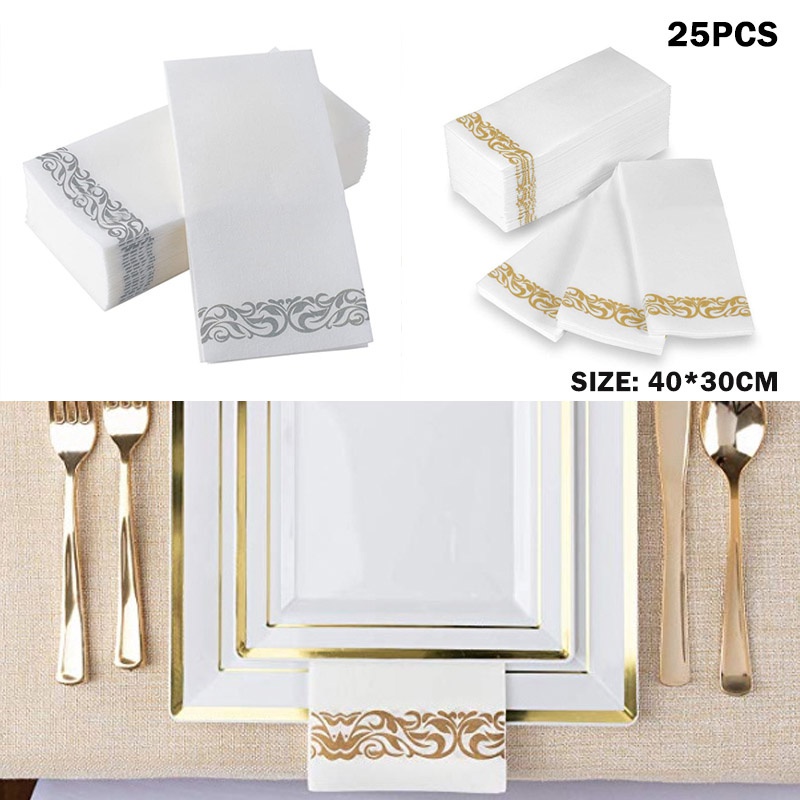 Set 25 Khăn Ăn Giấy Màu Trắng Vàng Kiểu Vintage Thanh Lịch Trang Trí Tiệc Cưới Sinh Nhật