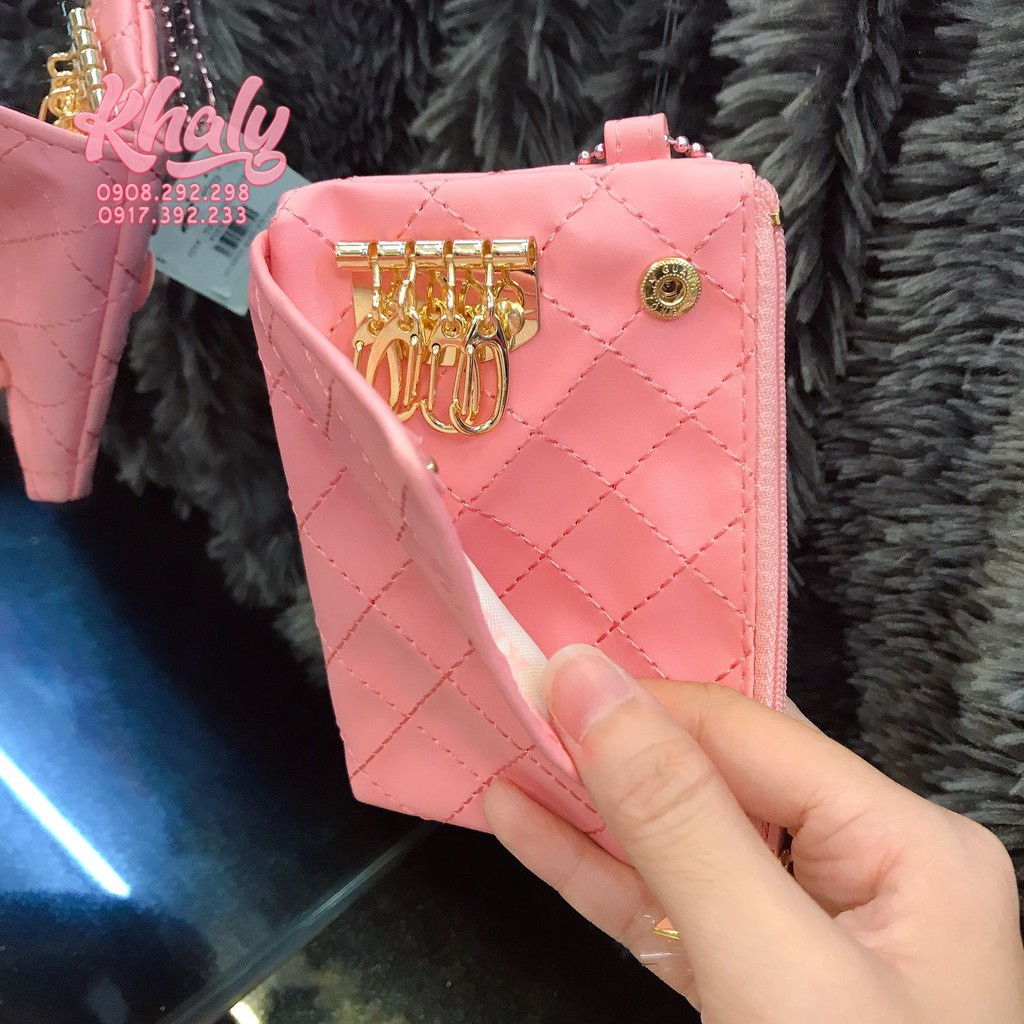 Bóp ví tiền cầm tay dây kéo da mềm 2 ngăn có ngăn treo chìa khóa hình Hello Kitty (12.5x1x9cm) màu hồng dành cho bé gái
