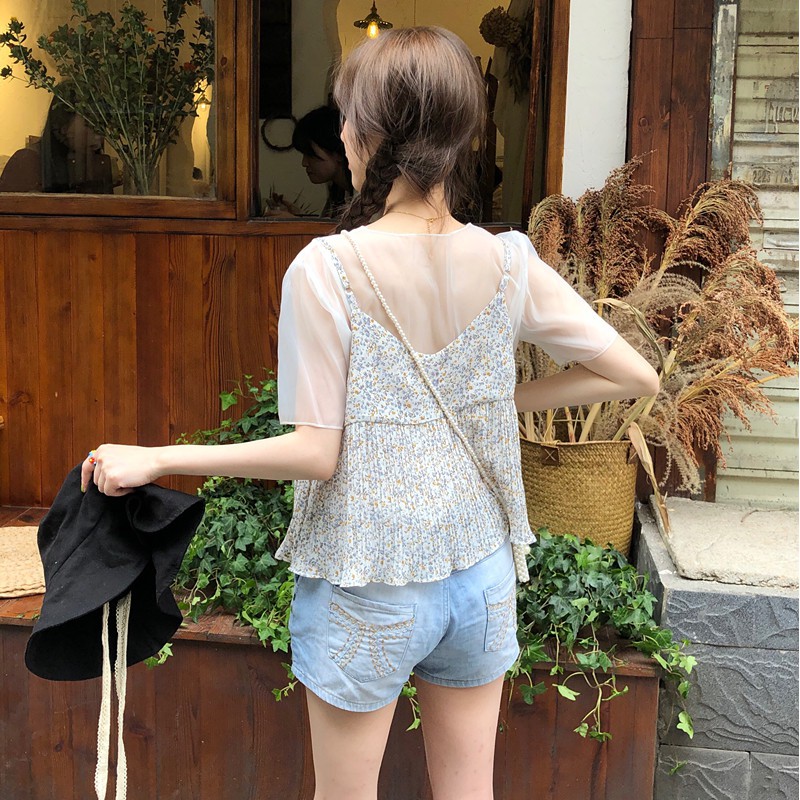 Áo chiffon in họa tiết hoa hai lớp phong cách Hàn Quốc xinh xắn | BigBuy360 - bigbuy360.vn