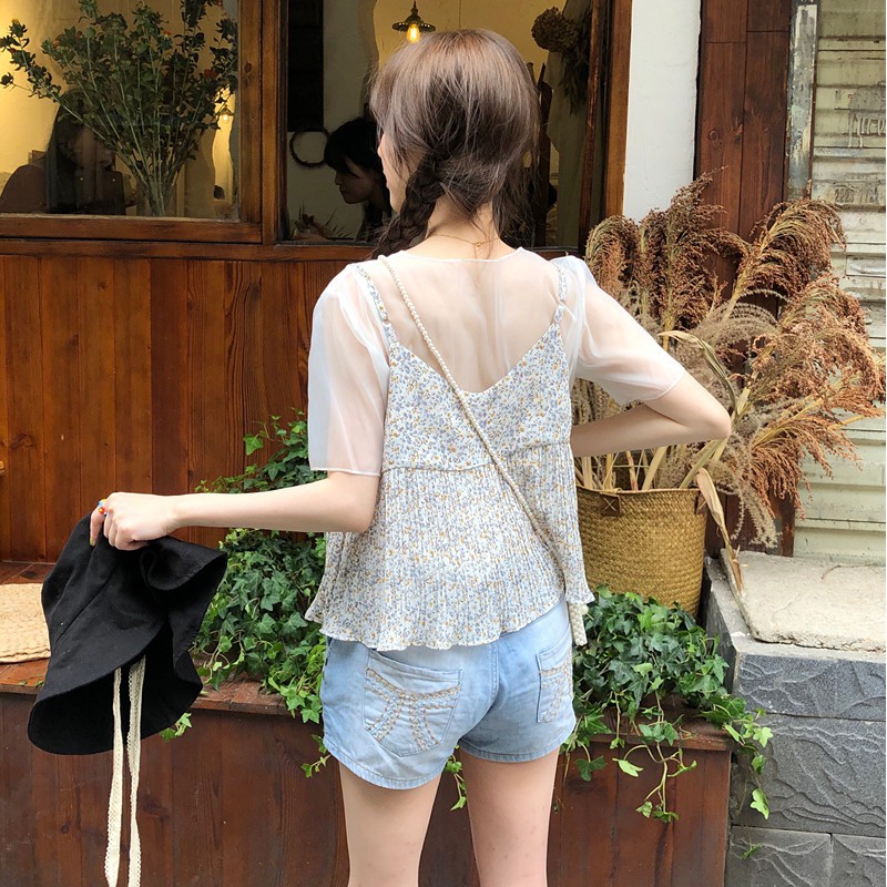 Áo chiffon in họa tiết hoa hai lớp phong cách Hàn Quốc xinh xắn