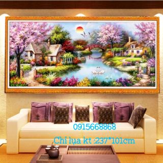 Tranh thêu Chỉ lụa khổ lớn Ngôi nhà hạnh phúc kt 237*101cm(kèm ảnh thật)