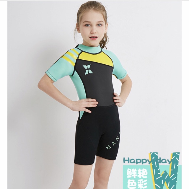 Đồ bơi giữ nhiệt ngắn tay wetsuit cho bé trai/ bé gái dày 2,5mm neoprene hiệu Dive &amp; Sail màu xanh phối đen , đồ lặn bé