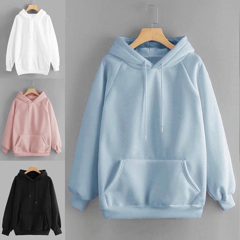 Áo hoodie màu trơn dáng rộng cho nữ size S-XXL