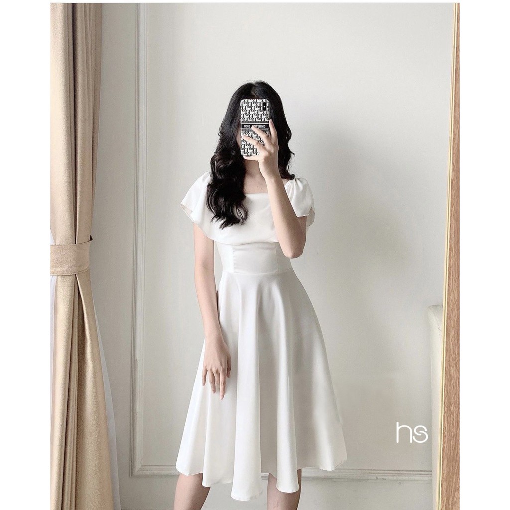 Đầm Trắng Nữ Chun Vai Cổ Vuông 🦋 Váy Nữ Eo Thun Cộc Tay Chất Đũi Dáng Xòe 🦋 | BigBuy360 - bigbuy360.vn