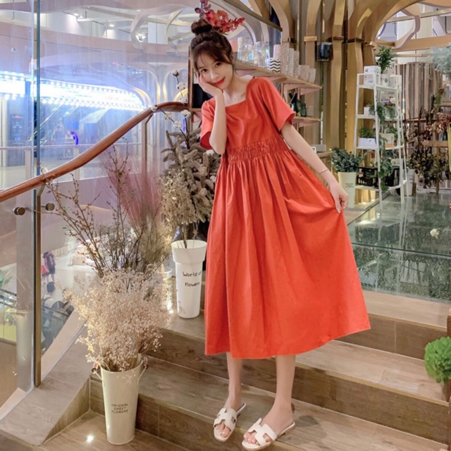 Đầm váy babydoll cam nơ sau