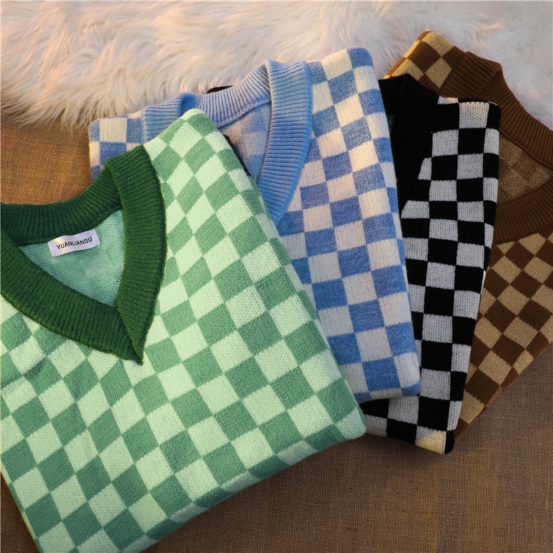 Áo len không tay dáng rộng họa tiết sọc caro thời trang Hàn quốc