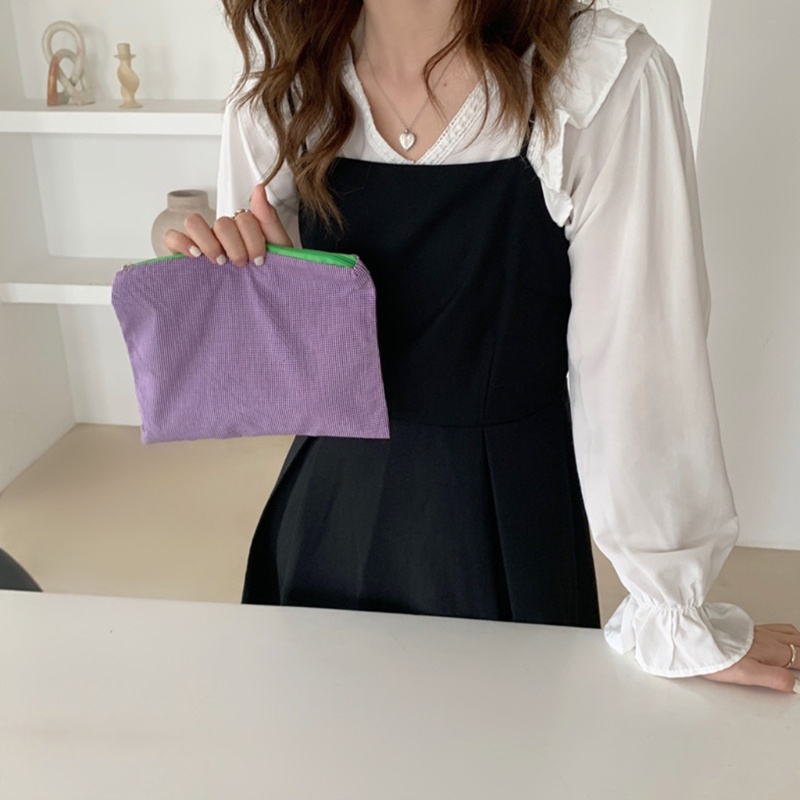 Túi Đựng Đồ Trang Điểm Bằng Cotton Kẻ Sọc Caro Có Khóa Kéo Đa Năng Thời Trang Cho Nữ