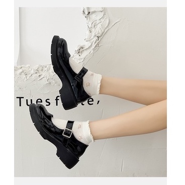 Vớ tất cổ ngắn trắng kem Lolita xoăn icon nơ nâu