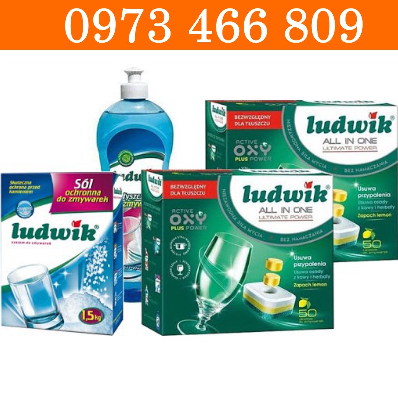 Combo viên rửa bát Ludwik 50V + nước làm bóng ludwik 500ml+ muối rửa bát ludwik 1.5kg