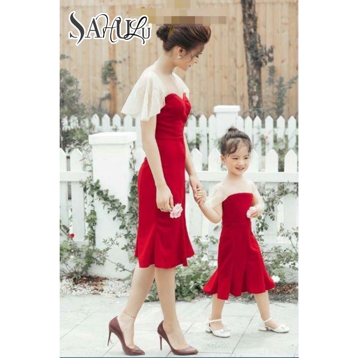 Set mẹ bé đầm đỏ đuôi cá thời trang- SAHULU( ảnh thật)