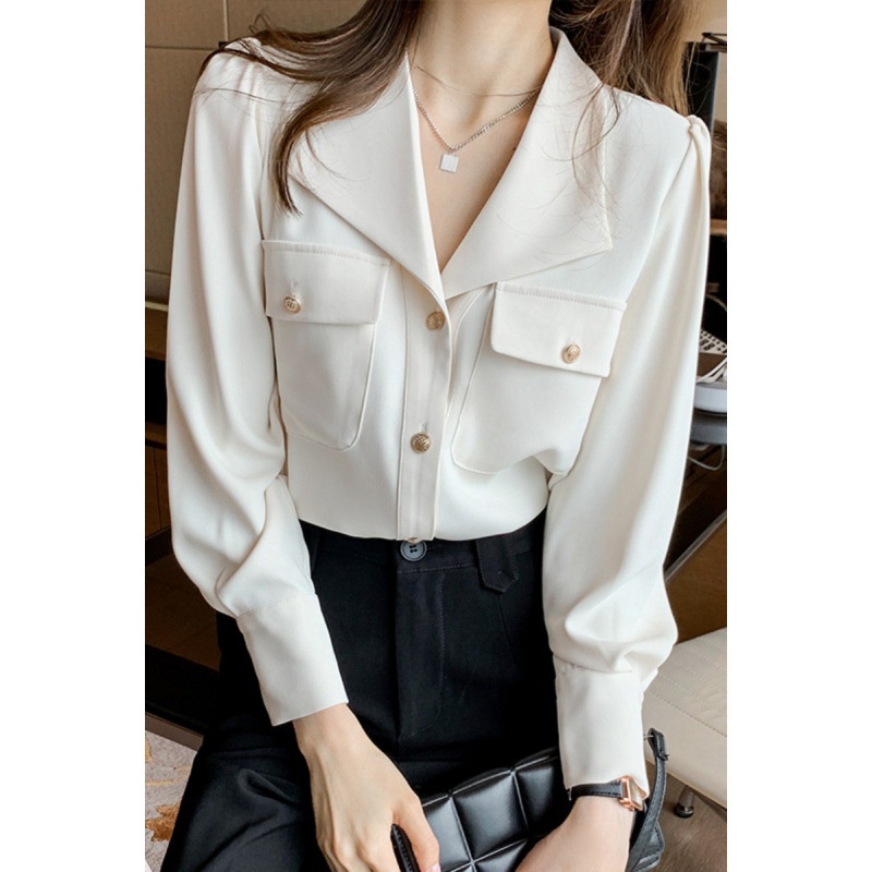 Áo sơ mi IELGY màu trắng tay dài cổ chữ v thời trang thanh lịch cho nữ