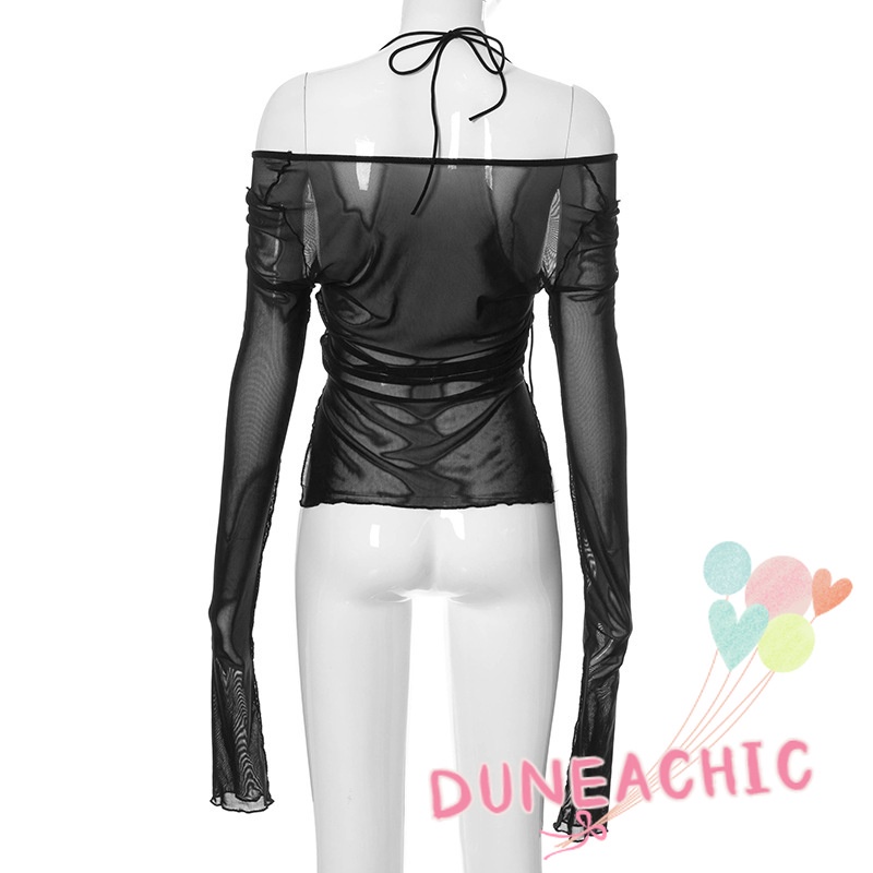 DUNEA Áo Kiểu Tay Dài Phối Lưới Xuyên Thấu Quyến Rũ Cho Nữ