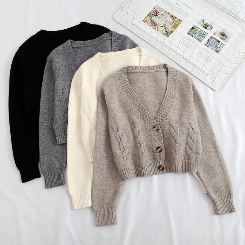 Áo Khoác Cardigan Dệt Kim Tay Dài Cổ Chữ V Màu Trắng/Xám/Đen Phong Cách Hàn Quốc