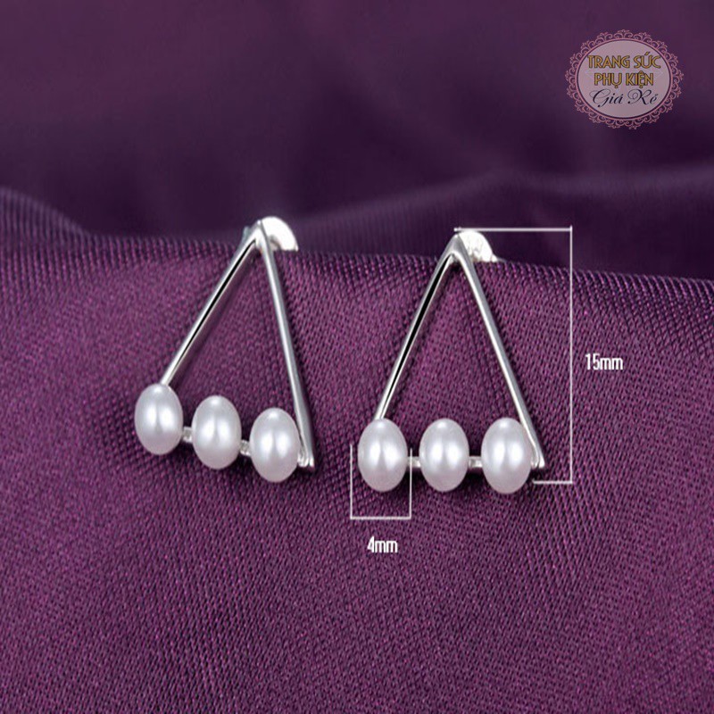 Bông tai nữ hình tam giác 3 hạt châu xinh xắn HT144, S925
