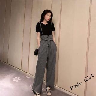 Set áo thun đen + quần yếm ống rộng kẻ sọc thời trang mùa hè Hàn Quốc
