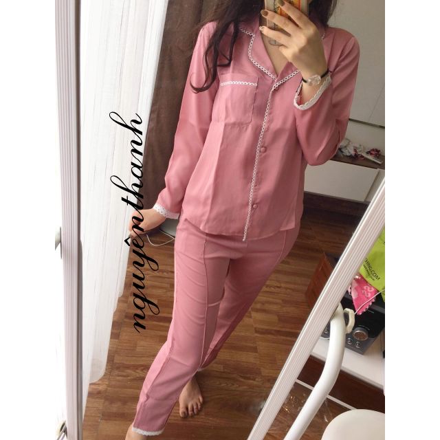 Bộ Pijama lụa satin viền ren