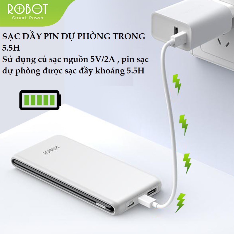 Pin Sạc Dự Phòng 10.000mAh ROBOT RT180 1 Output USB &amp; 2 Input Micro/Type-C - Kích Thước Siêu Mỏng Nhẹ