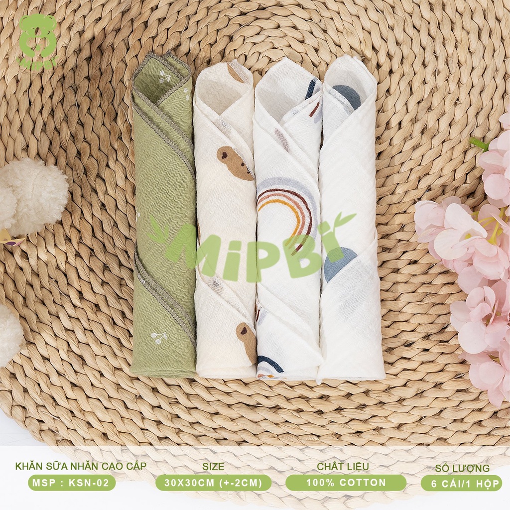 Hộp 6 chiếc khăn sữa nhăn Mipbi 2 lớp cao cấp 100% từ sợi tre kt 30x30 cm