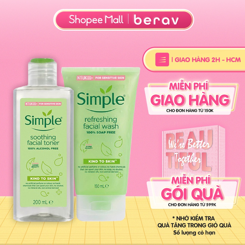 Combo SIMPLE NƯỚC HOA HỒNG  Kind To Skin Soothing Facial Toner 200ml + SỮA RỬA MẶT Dịu Nhẹ Refreshing Facial Wash 150ml