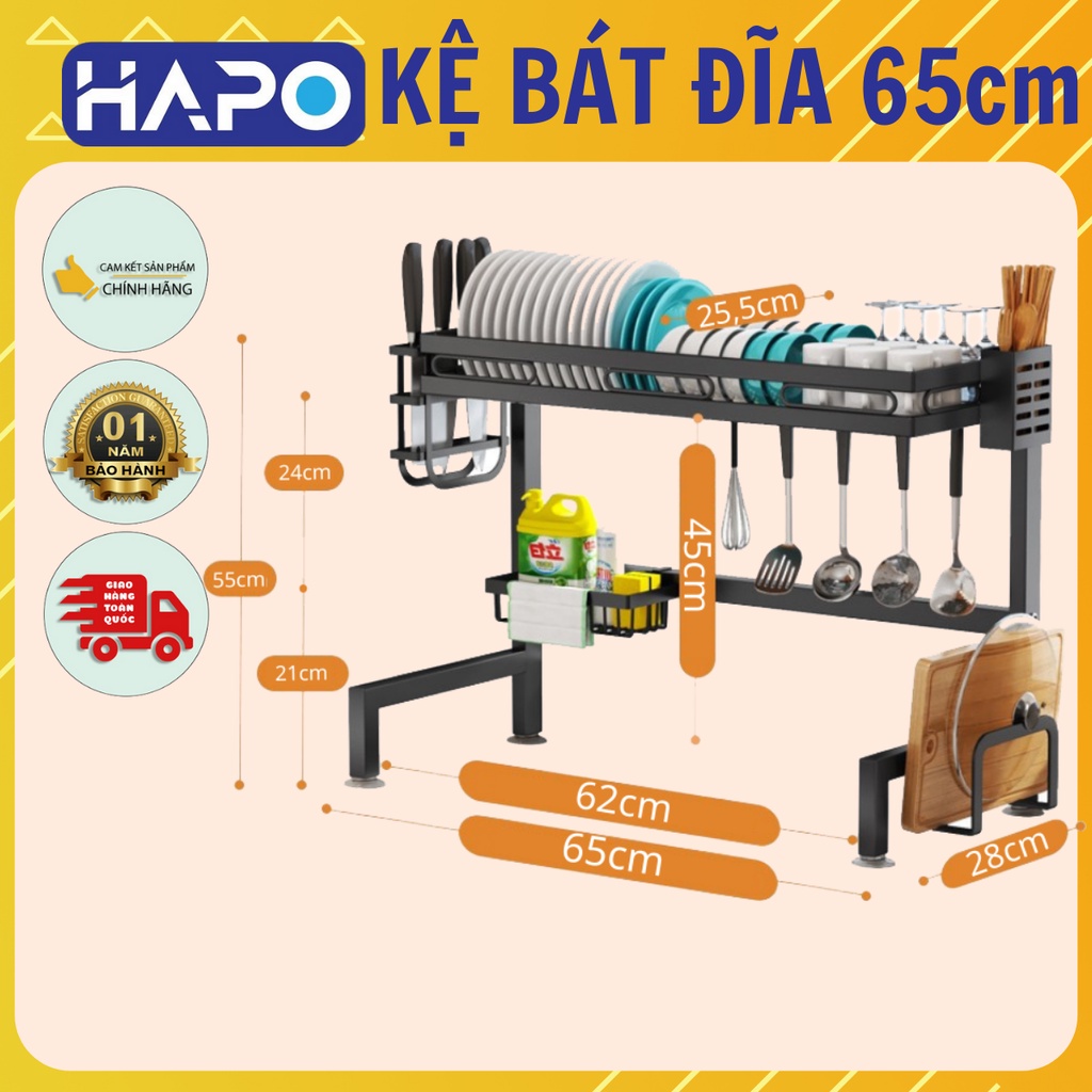 Giá để bát đĩa nhiều tầng 65cm, Chạn úp chén đũa đa năng đựng dao thớt, Kệ nhà bếp trên bồn rửa sơn tĩnh điện chống gỉ