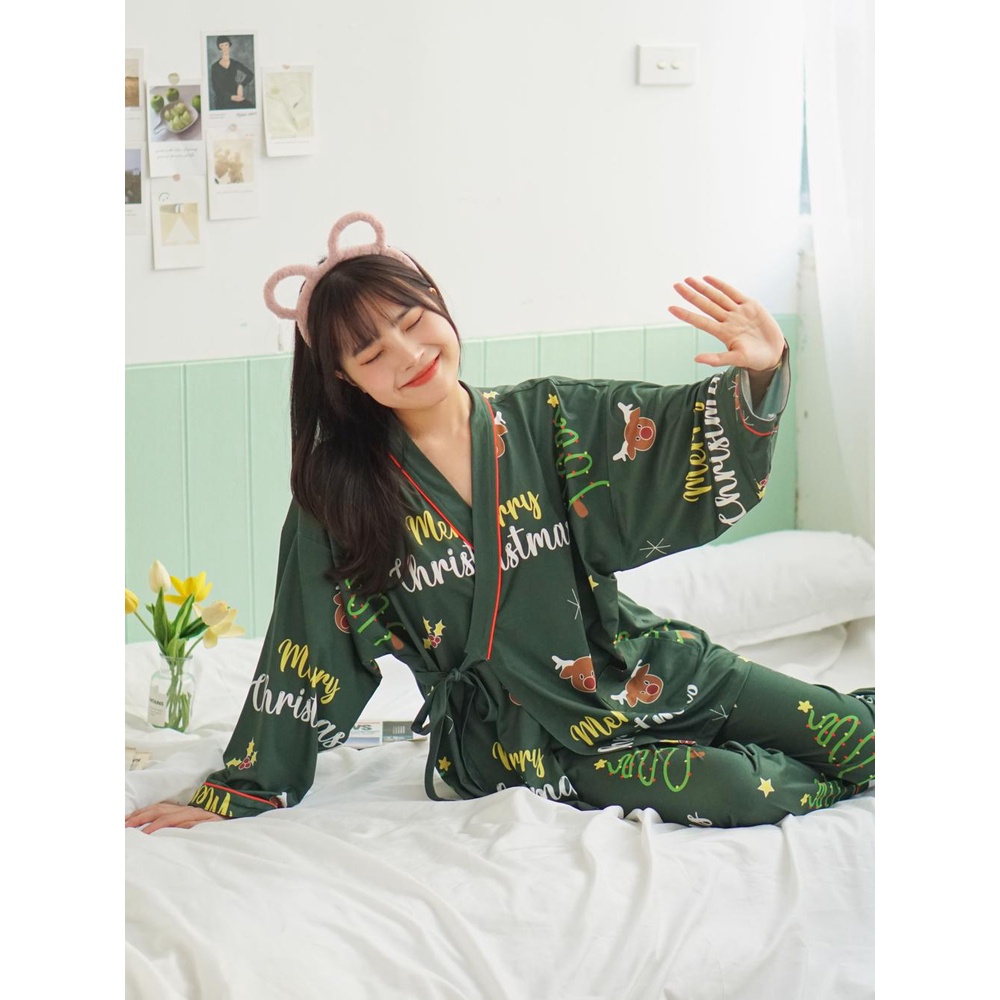 Bộ đồ dài tay Giáng sinh - Pijama kimono ngủ chất liệu cotton, thiết kế đồ ngủ kiểu Nhật bản - Poohouse | BigBuy360 - bigbuy360.vn