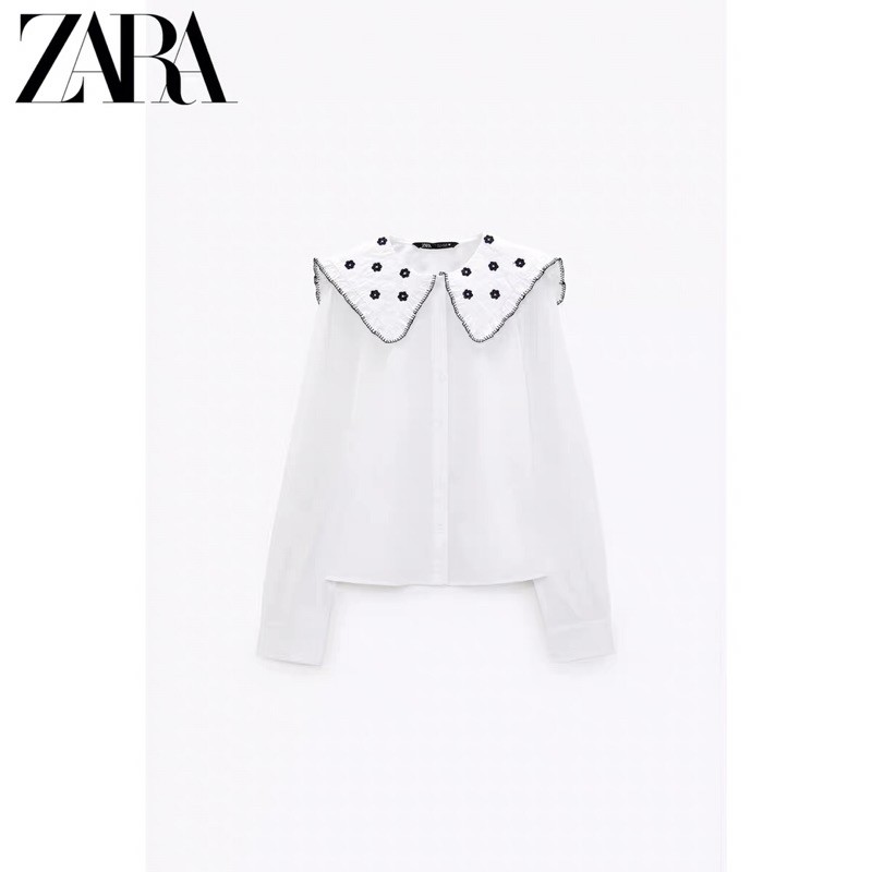 Áo sơ mi nữ Zara new best seller 2021 màu trắng thêu hoa dài tay