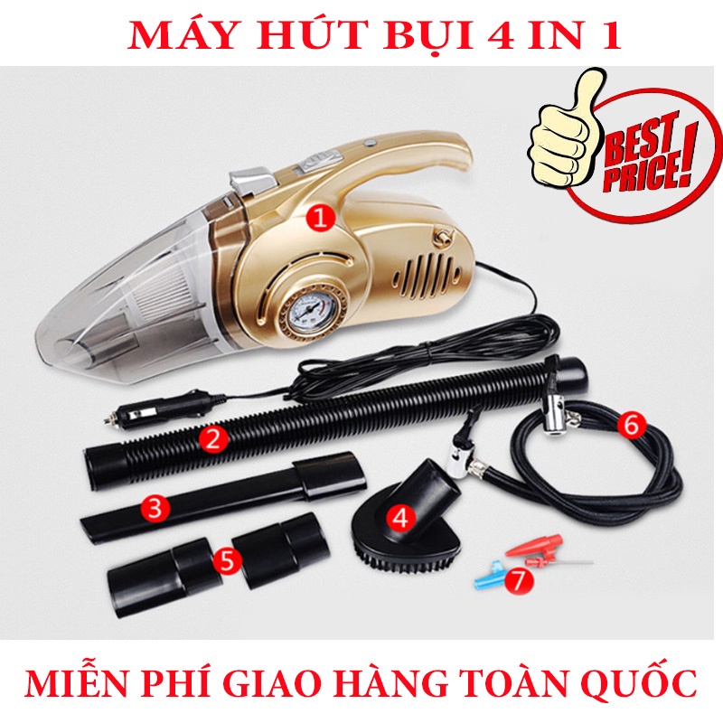 áy hút bụi kết hợp bơm lốp ô tô, máy hút bụi mini cao cấp - Máy hút bụi đa năng 4 in 1 dành cho tất cả các loại xe ô tô