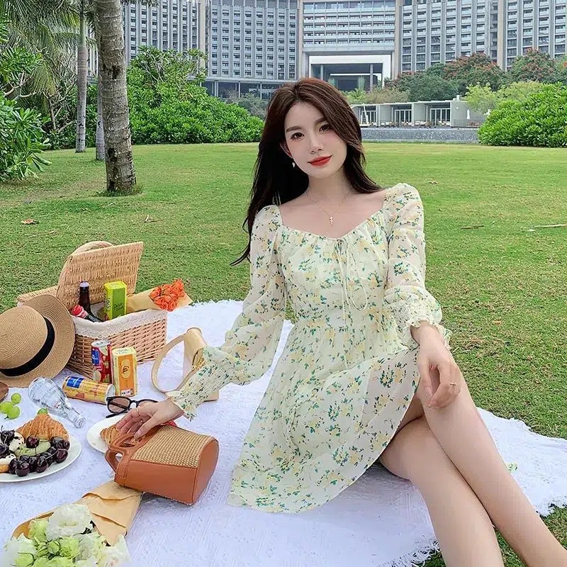 Hàng Mới Về Đầm Chữ a Tay Dài Phồng Cổ Vuông In Họa Tiết Hoa Thời Trang Dành Cho Nữ