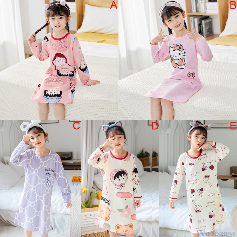 Đầm Ngủ Cotton Tay Dài Dễ Thương Cho Bé Gái