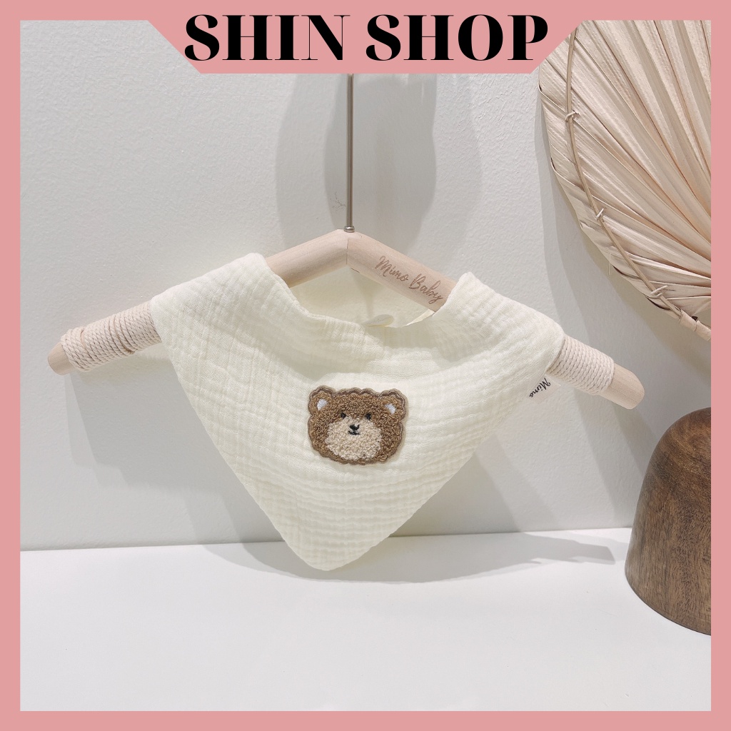 Yếm xô muslin tam giác đính gấu, mềm mịn thấm hút tốt nhiều màu sắc đáng yêu có cúc bấm tiện lợi Shinshop YC12