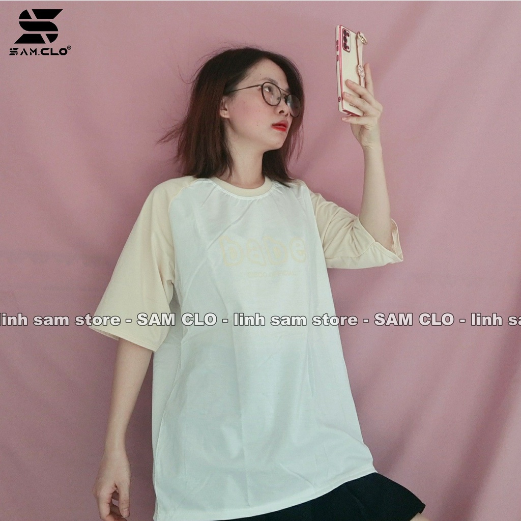 Áo thun nữ tay lỡ SAM CLO freesize phông form rộng dáng Unisex, mặc lớp, nhóm, couple phối tay chữ BABE