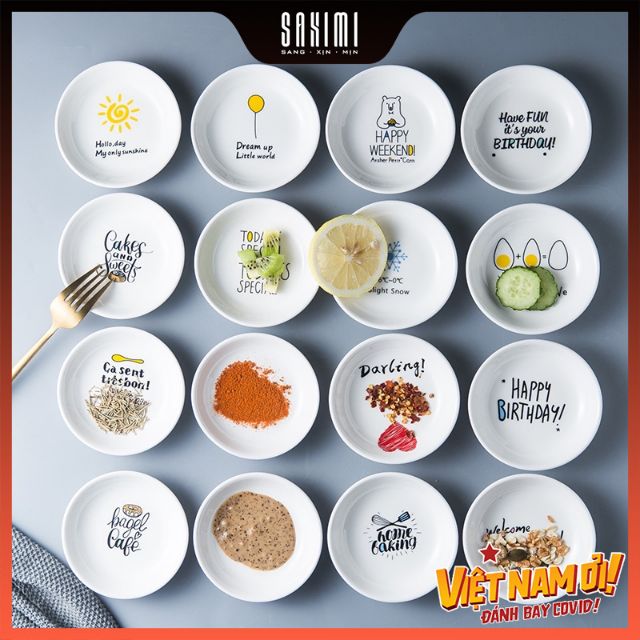 Combo 10 đĩa chấm, gia vị họa tiết sinh động (gốm sứ cao cấp)