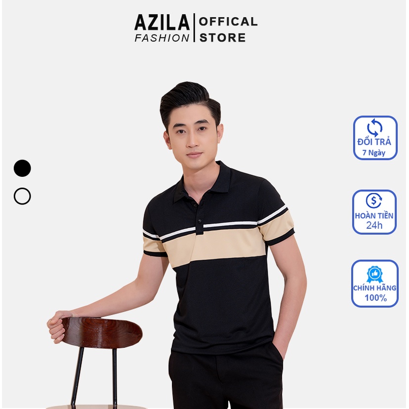 Áo Polo Nam Azila, Áo Phông Nam Cổ Bẻ Kẻ Ngang Ngực Phối Màu Xanh Be Trắng Chất Liệu Cá Sấu PVC Phong Cách Trẻ Trung