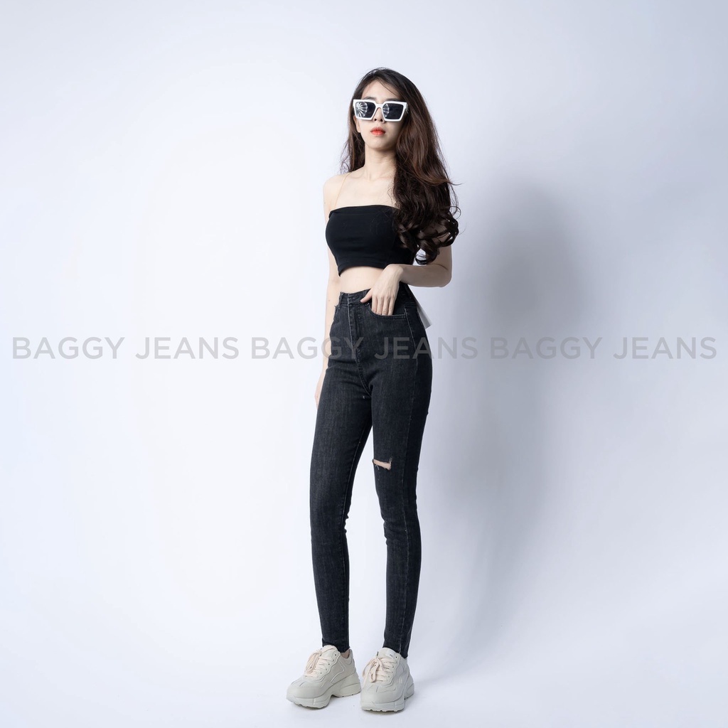 Quần Jean Cạp Cao Co Giãn Tôn Dáng, Quần VNXK Skinny Chất Mịn Rách Ít 2 Màu