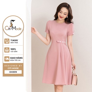 Đầm công sở CITI MODE FASHION dáng xòe thiết kế xếp ly 1 bên đai eo đính cúc DH3519