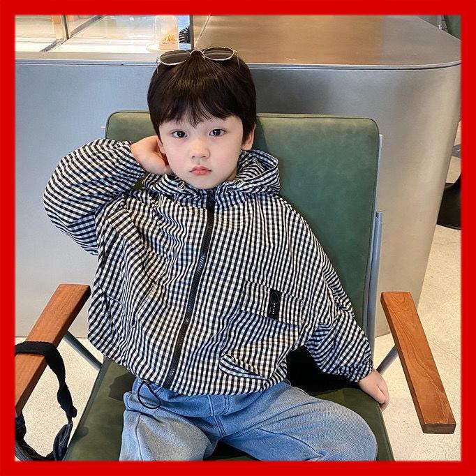 Áo khoác bé trai sọc caro có mũ trùm đầu đơn giản thời trang phong cách Hàn Quốc