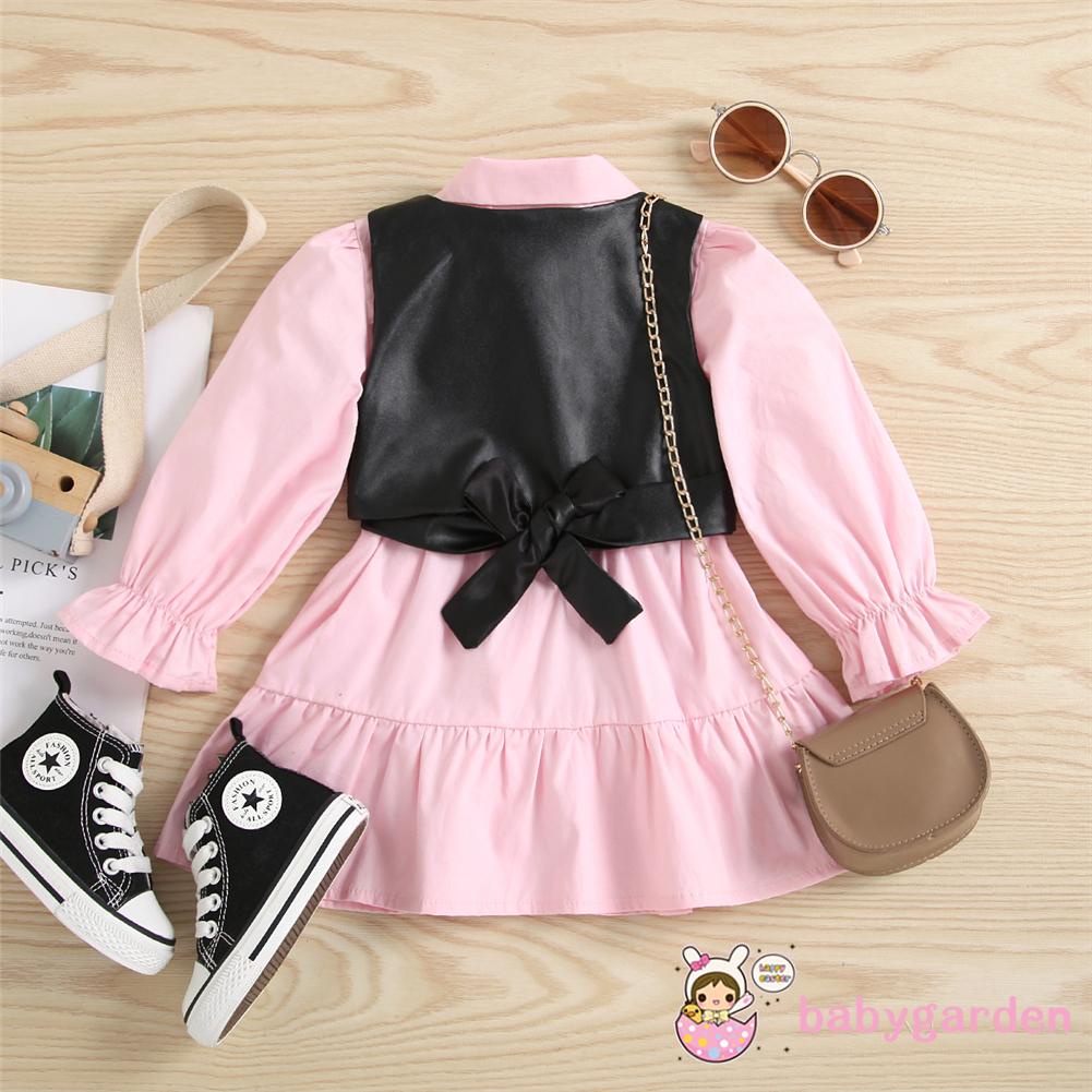 Bộ Đầm Midi Tay Dài Màu Trơn + Áo Khoác Da Pu Màu Đen Cho Bé Gái