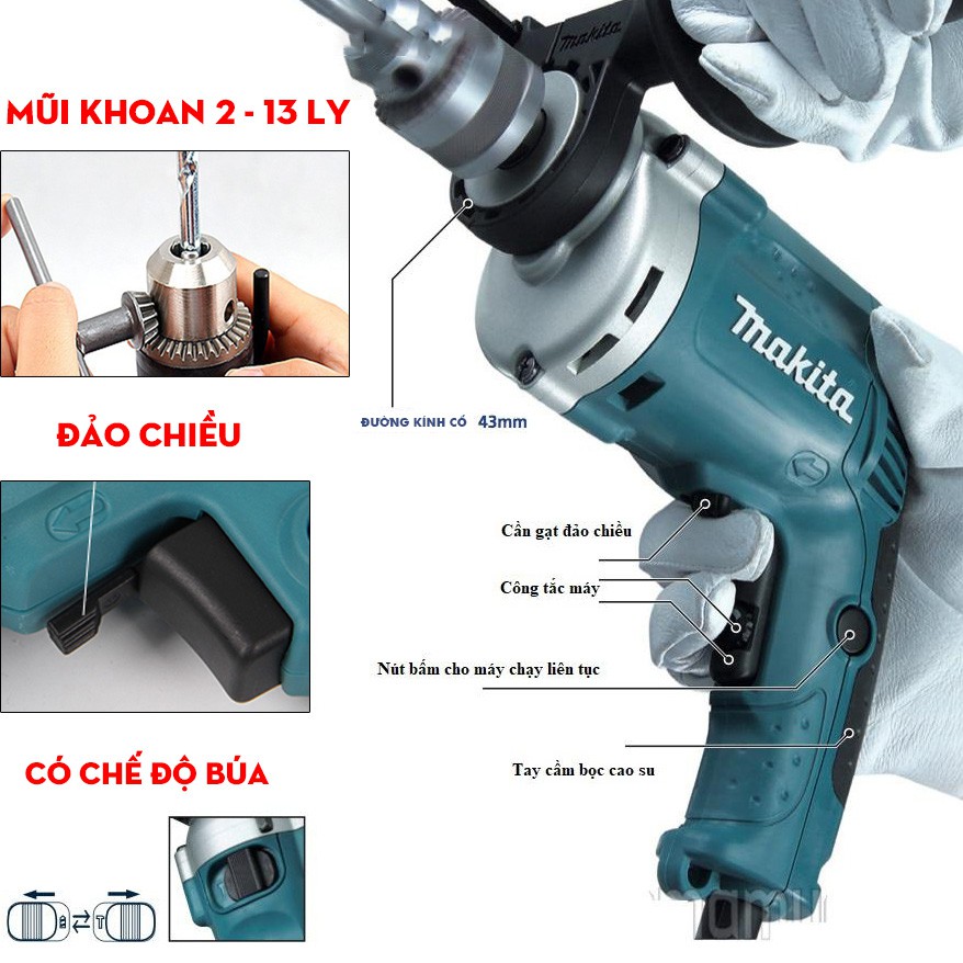 Máy khoan bê tông MAKITA 13mm HP1630, Khoan Điện 710W, Máy khoan Điện Lõi đồng 100%