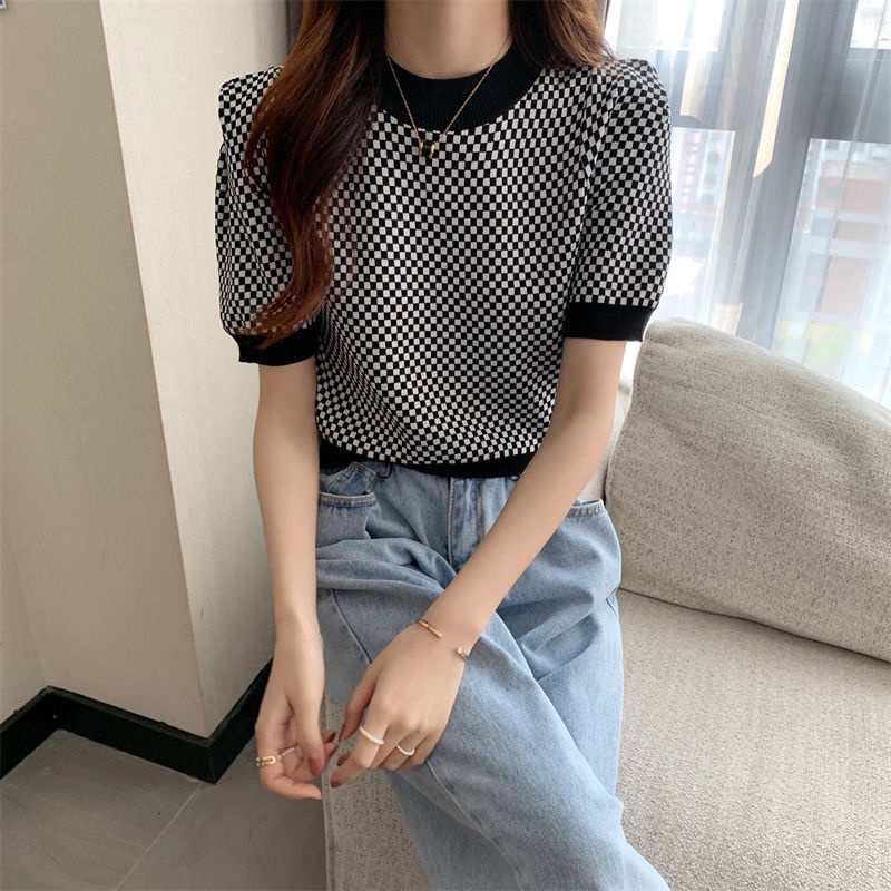 Áo dệt kim Pure Cube ngắn tay họa tiết kẻ sọc caro màu sắc tương phản thời trang mùa hè cho nữ