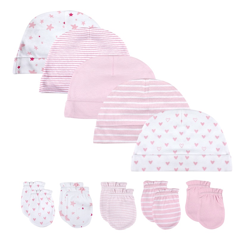 Set 5 cặp găng tay + 5 mũ 100% cotton chống làm trầy xước da khi bé ngủ 0-6 tháng